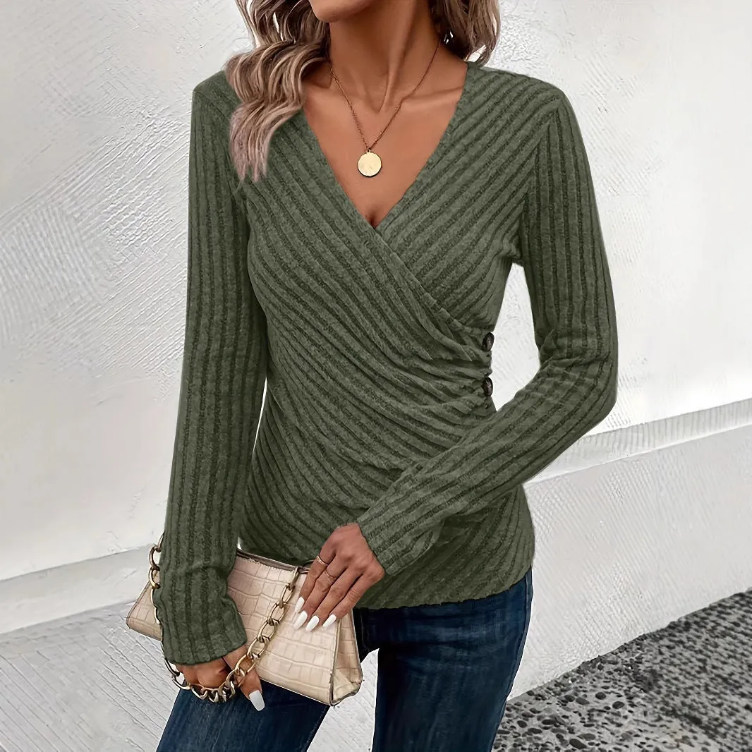 2025 Women's Solid Color V-Neck Long Sleeve T-Shirt | Casual & Stylish Everyday Wear for Spring & Autumn