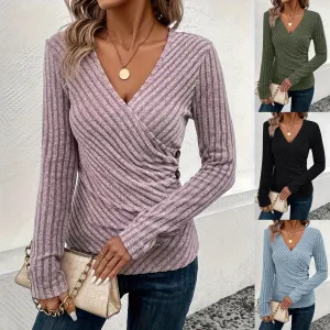 2025 Women's Solid Color V-Neck Long Sleeve T-Shirt | Casual & Stylish Everyday Wear for Spring & Autumn