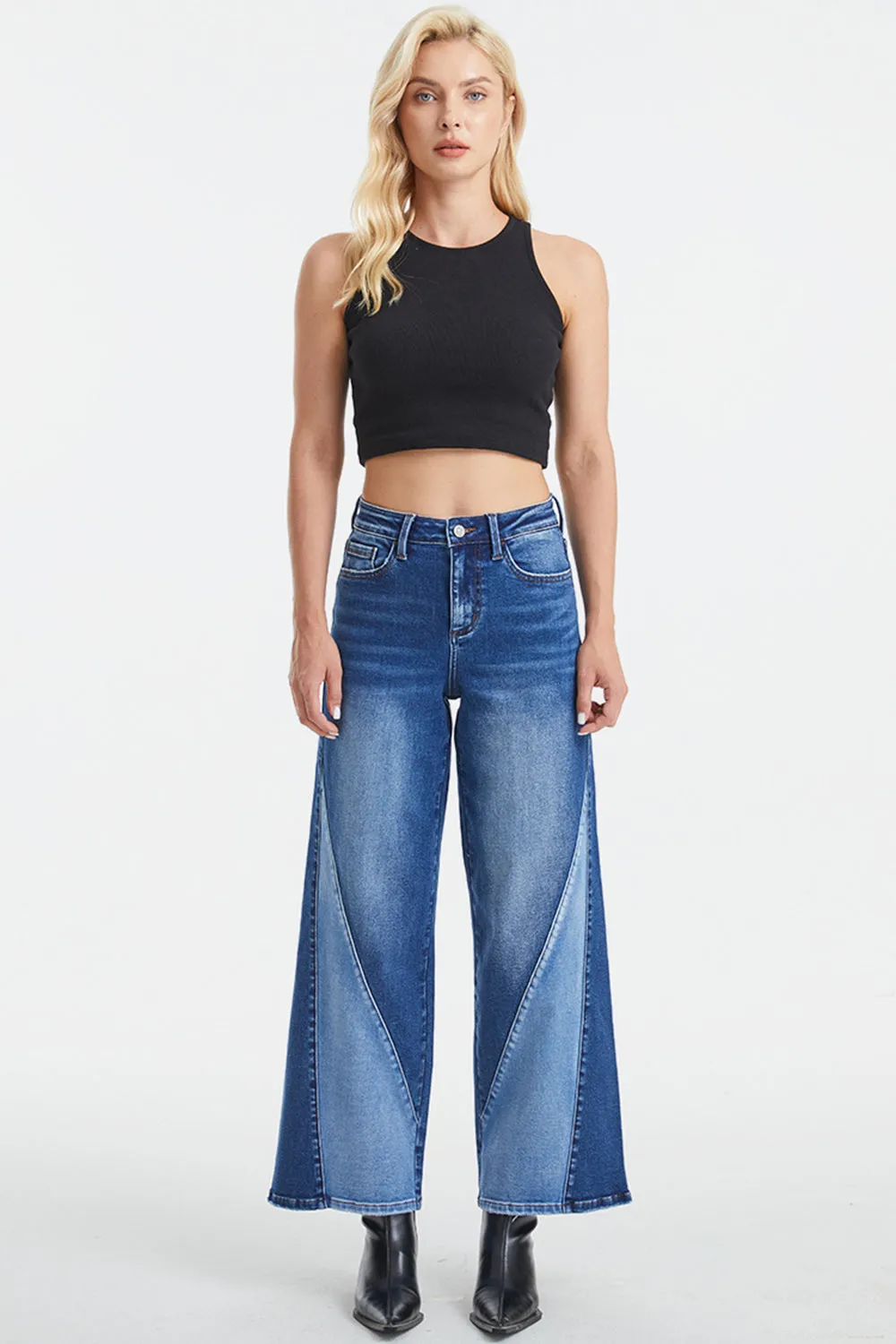 BAYEAS High Waist Two-Tones Patched Wide Leg Jeans