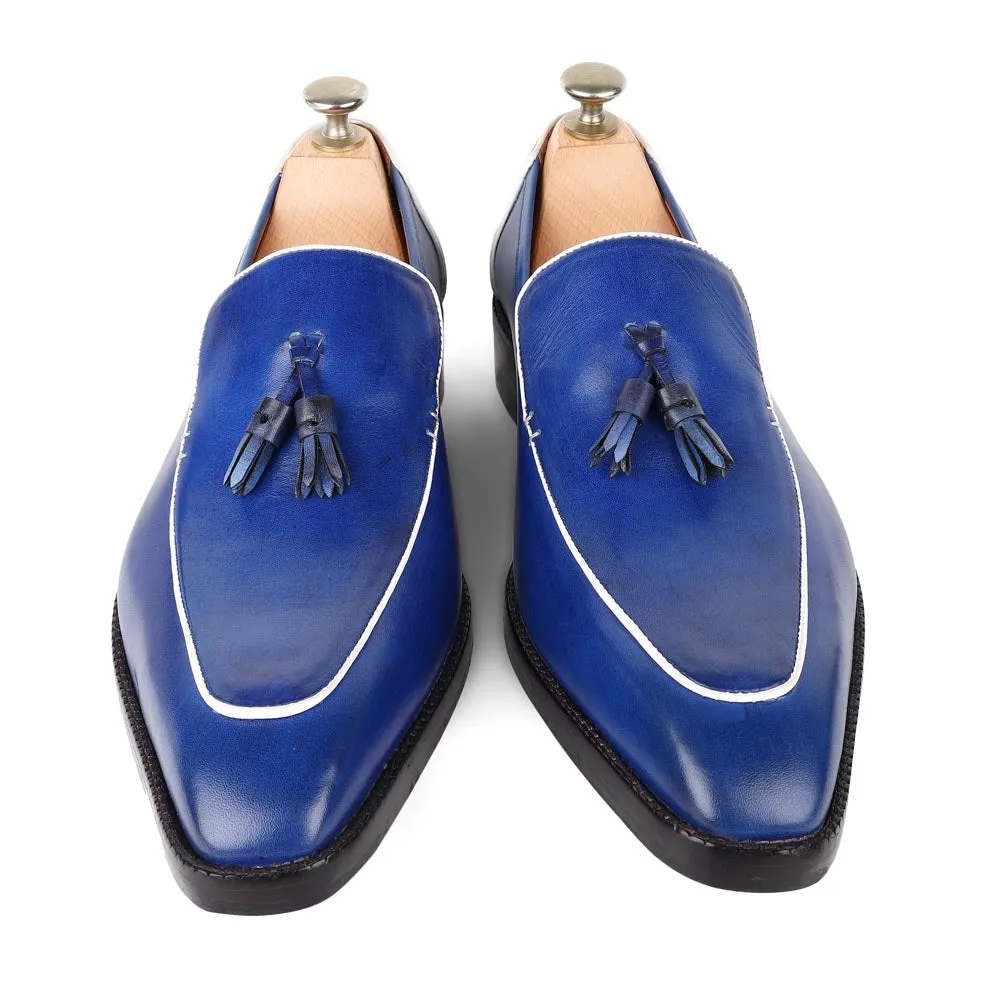 Blue Square Toe Mirror Glossed Tassel Loafers With White Piping Detail