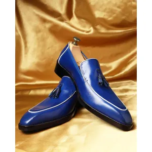 Blue Square Toe Mirror Glossed Tassel Loafers With White Piping Detail