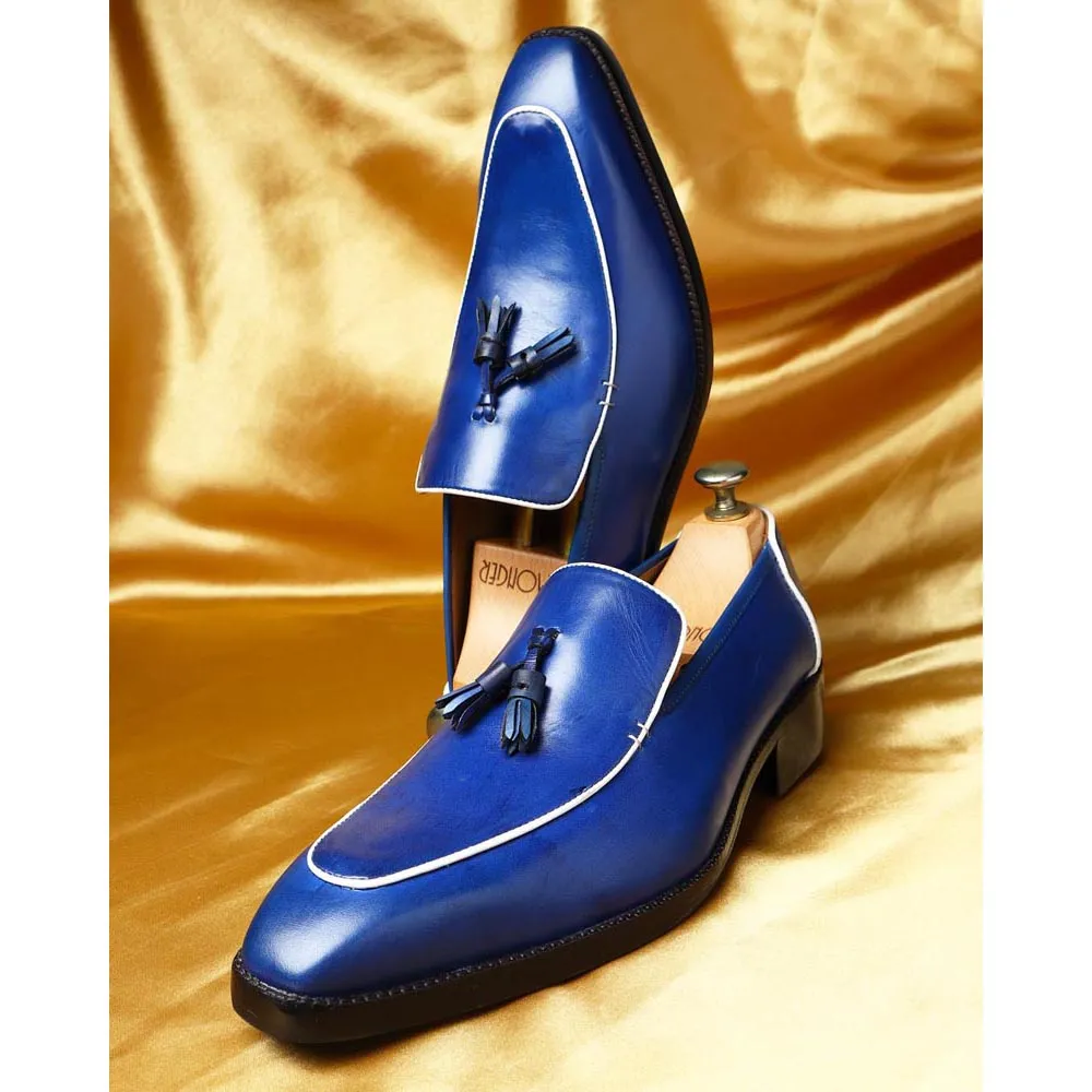 Blue Square Toe Mirror Glossed Tassel Loafers With White Piping Detail