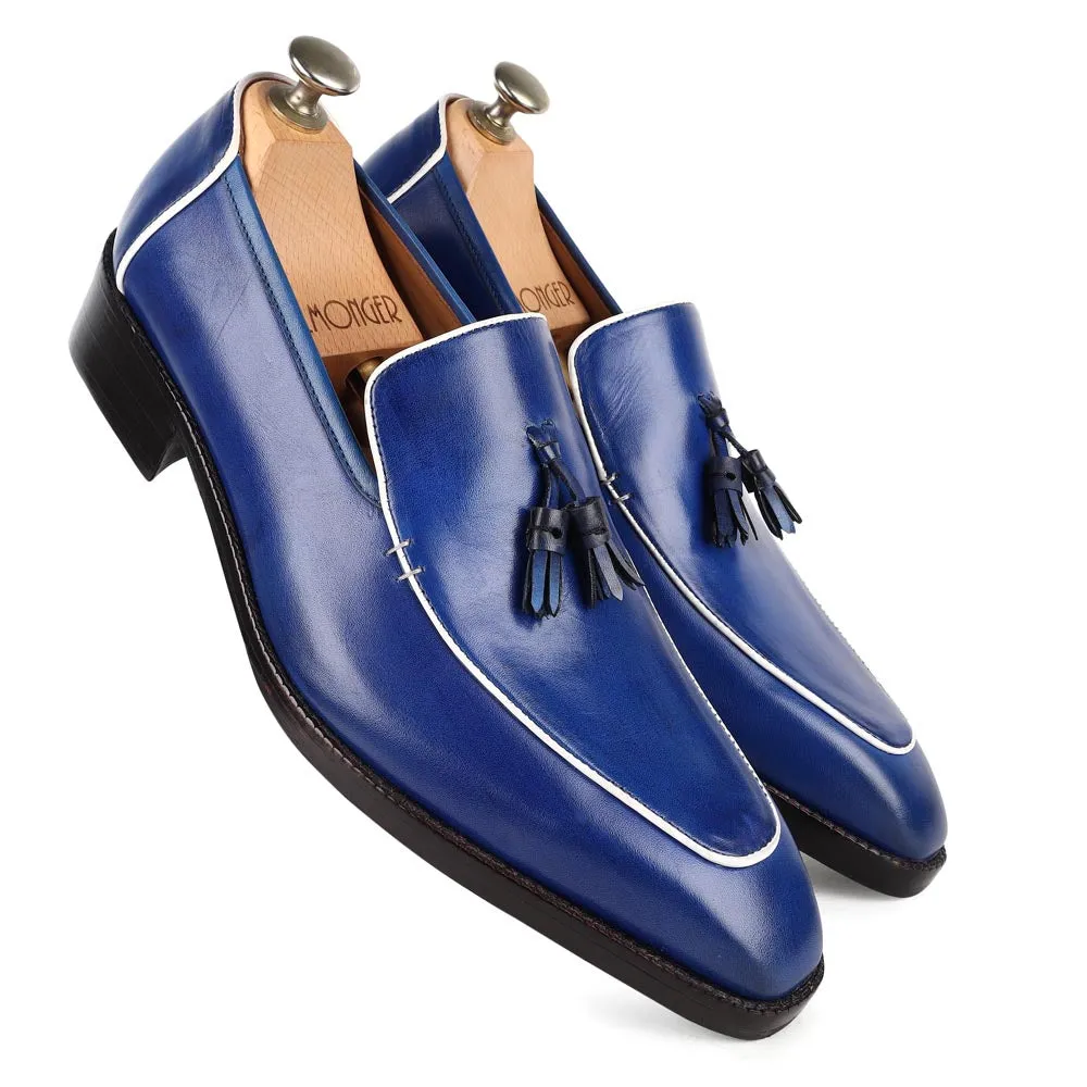 Blue Square Toe Mirror Glossed Tassel Loafers With White Piping Detail