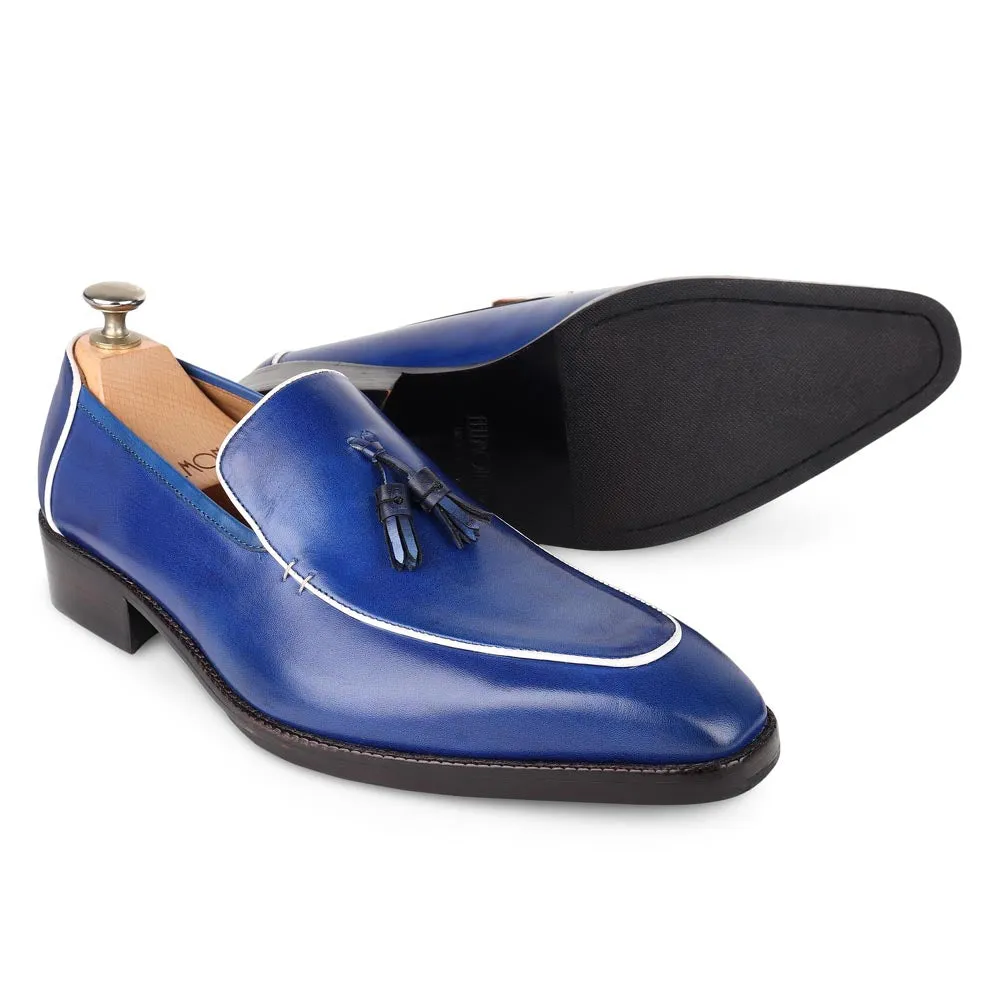 Blue Square Toe Mirror Glossed Tassel Loafers With White Piping Detail