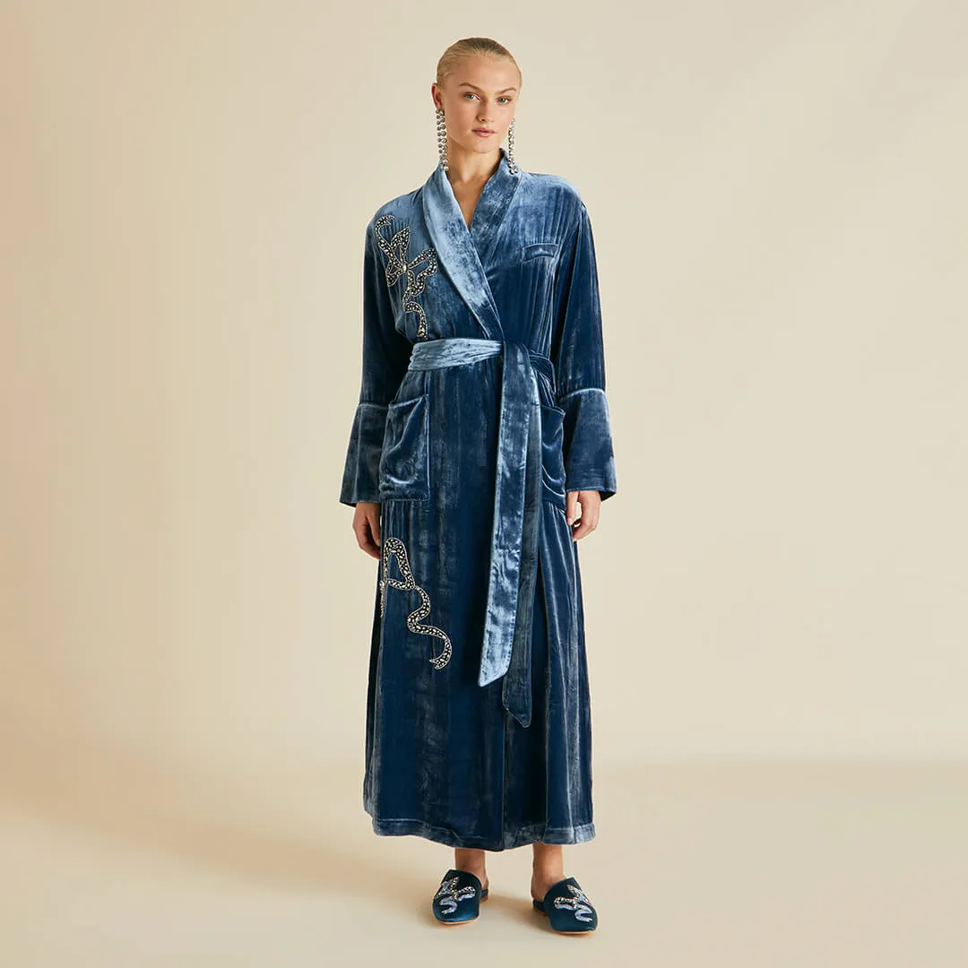 Capability Grace Blue Embellished Robe in Silk Velvet