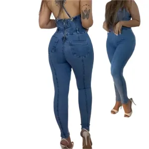 Casual Sleeveless Fashion Backless Heart Cutout Denim Bodycon Jumpsuit for Women