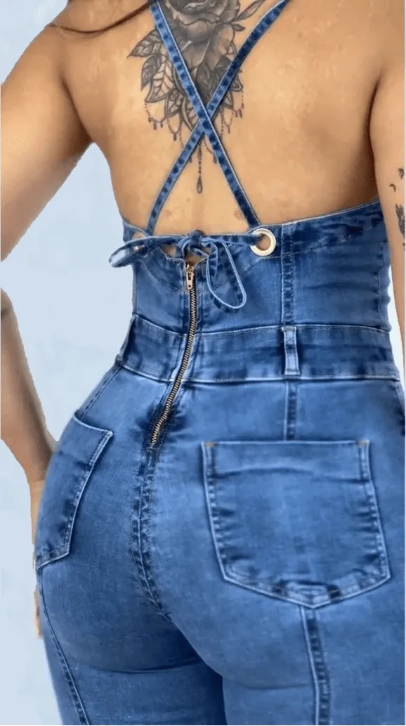 Casual Sleeveless Fashion Backless Heart Cutout Denim Bodycon Jumpsuit for Women