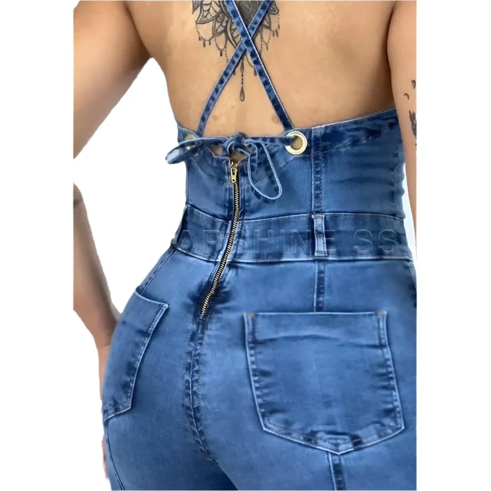 Casual Sleeveless Fashion Backless Heart Cutout Denim Bodycon Jumpsuit for Women