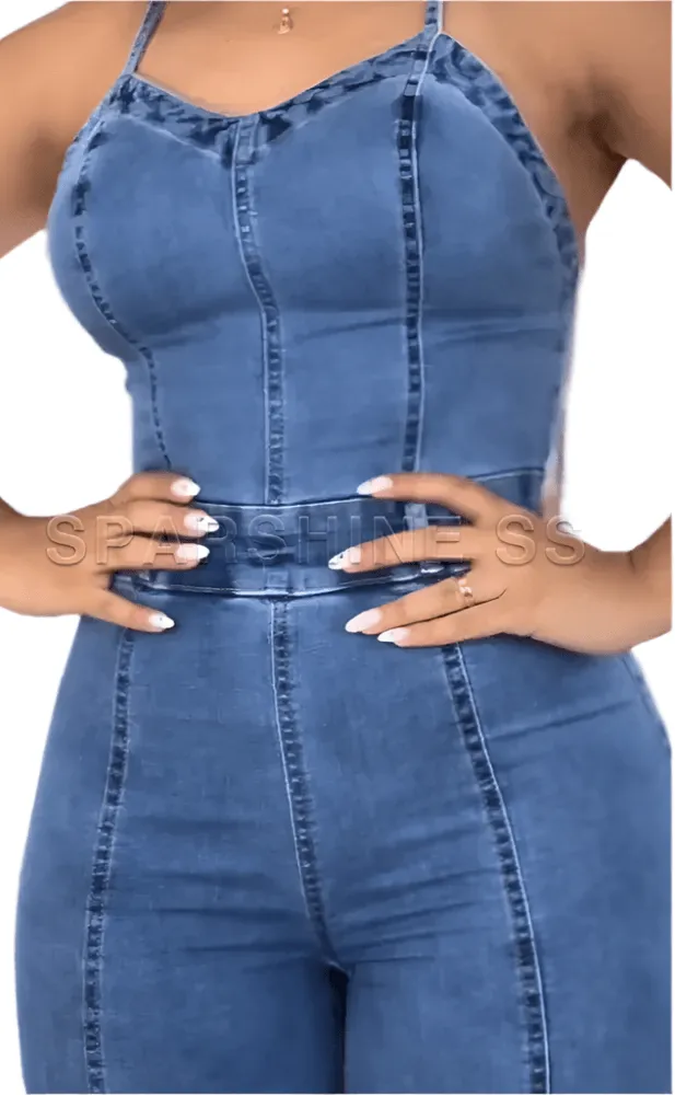Casual Sleeveless Fashion Backless Heart Cutout Denim Bodycon Jumpsuit for Women