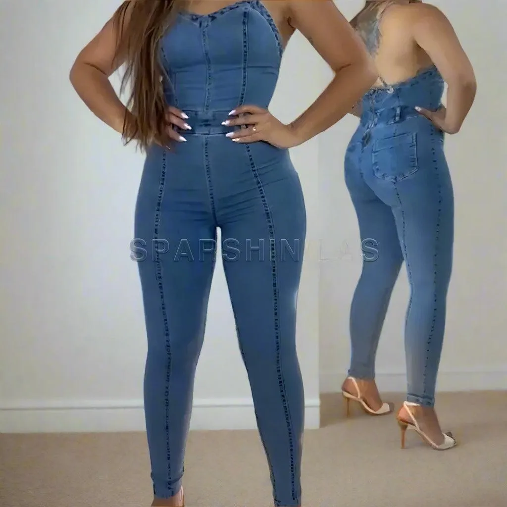Casual Sleeveless Fashion Backless Heart Cutout Denim Bodycon Jumpsuit for Women