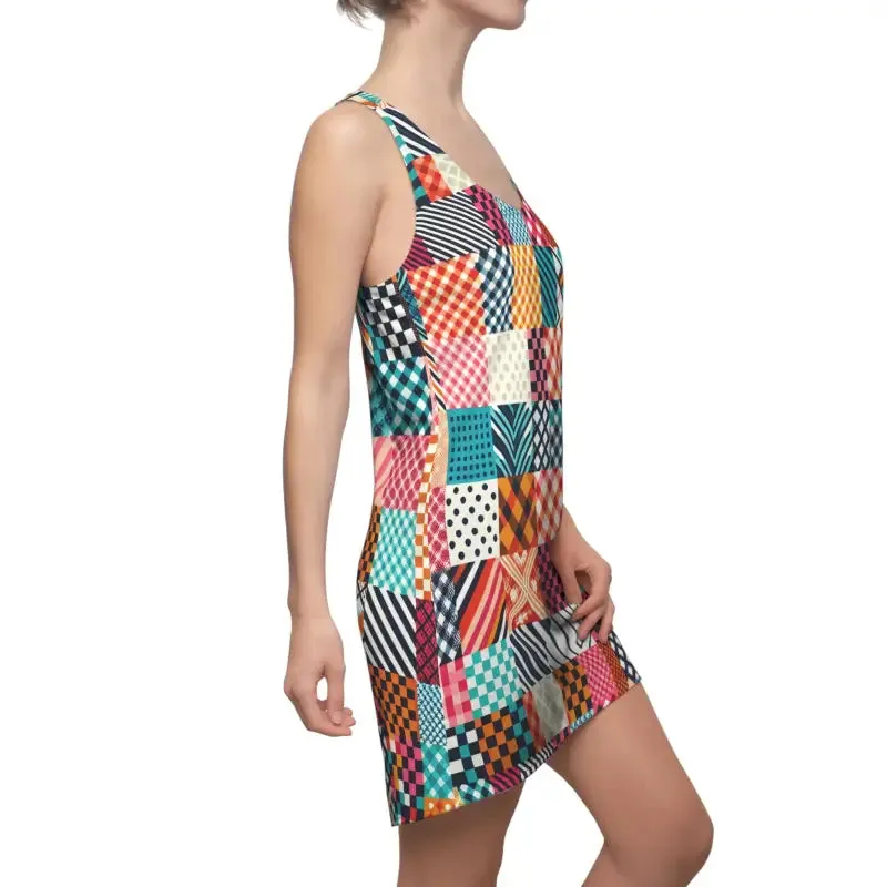 Chic Polyester Racerback Dress with Checkered Pattern
