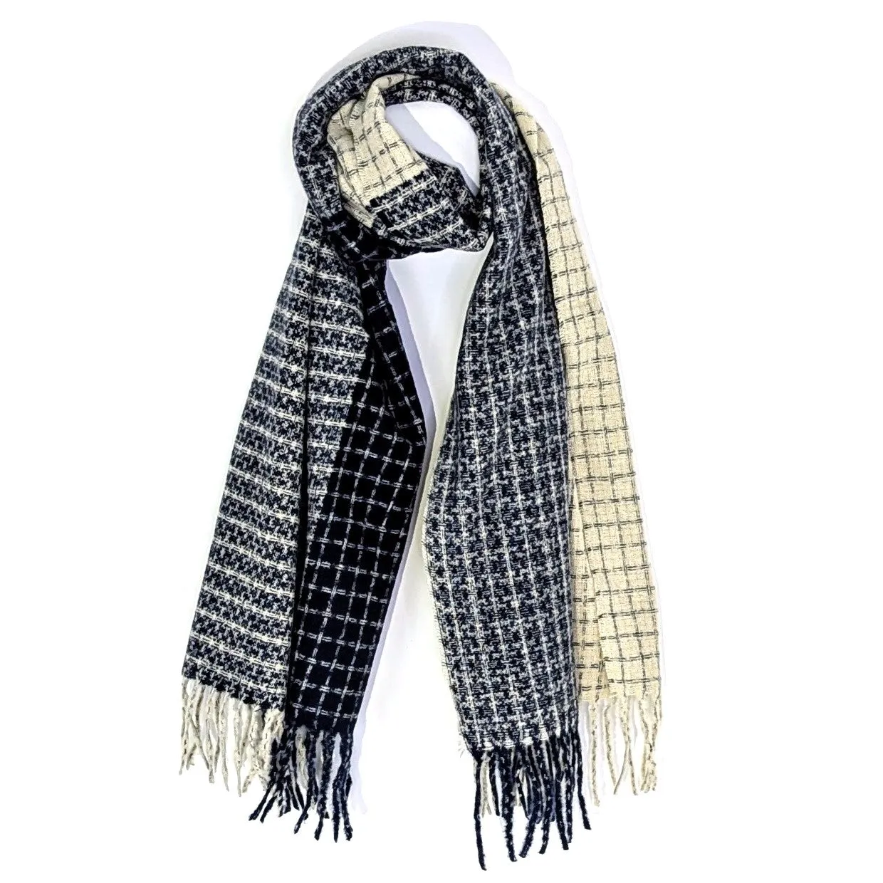Contemporary warm woven check scarf with tassels