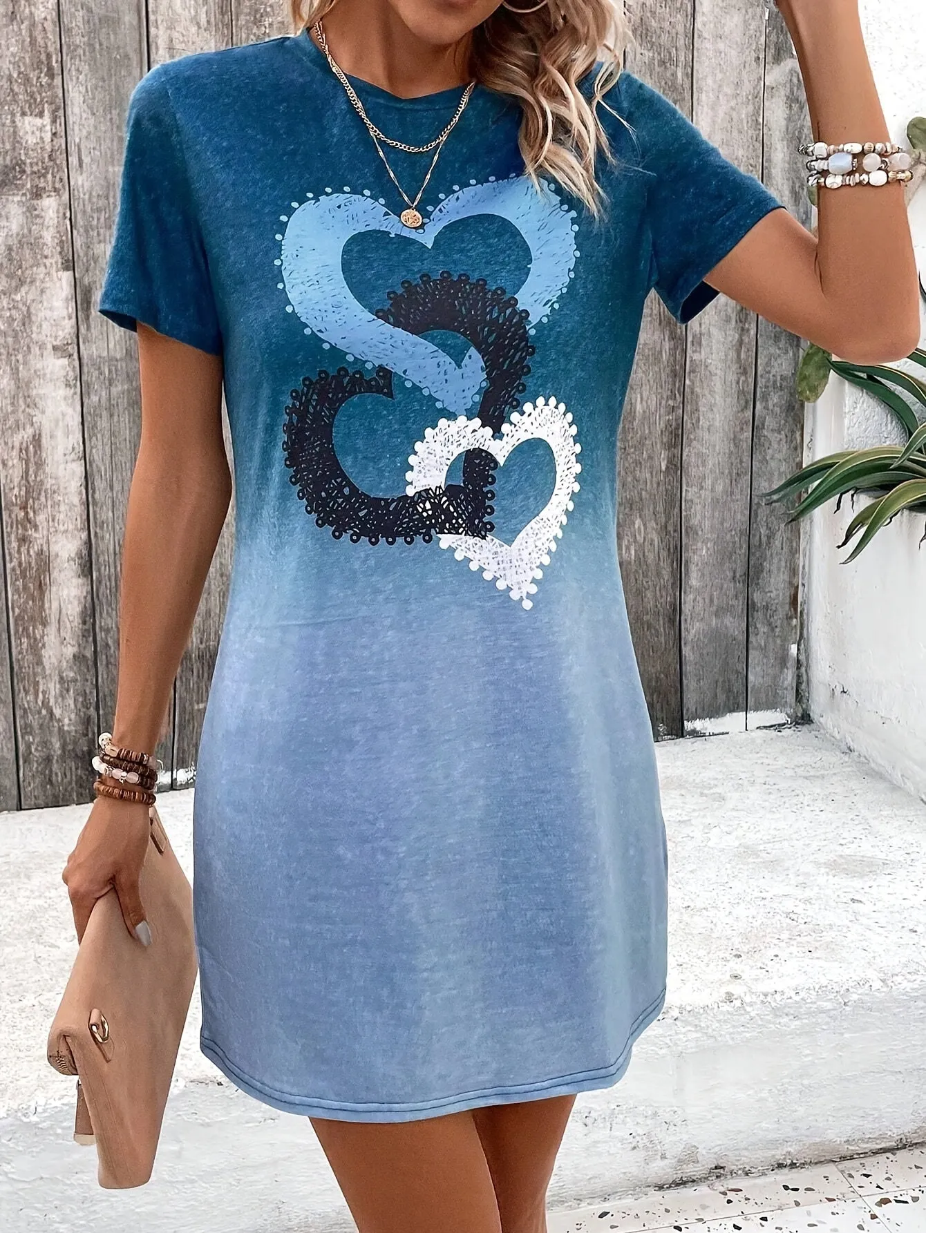 Dames zomerjurk-short-short-mouwen T-shirt jurk met kleurengradiënt