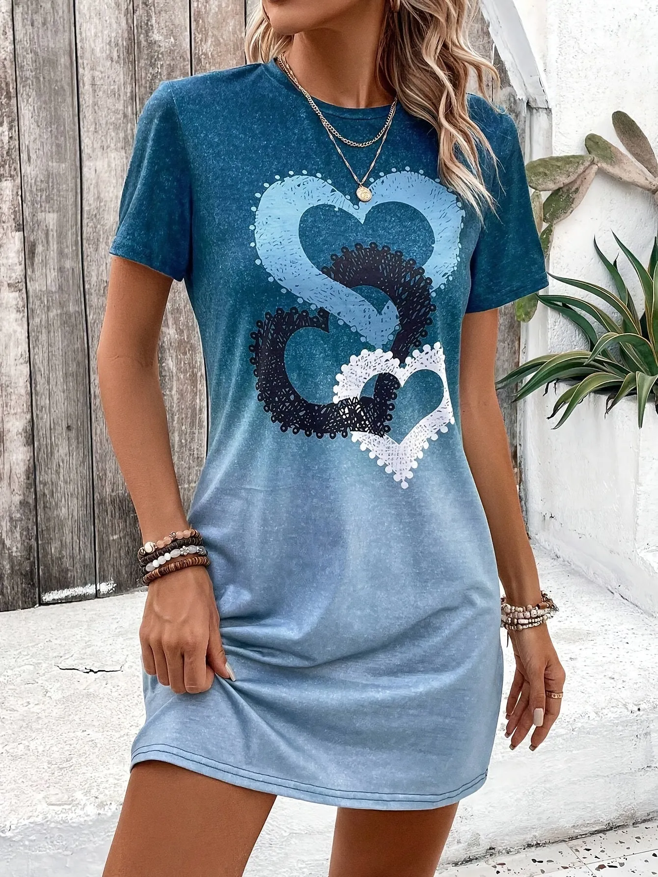 Dames zomerjurk-short-short-mouwen T-shirt jurk met kleurengradiënt