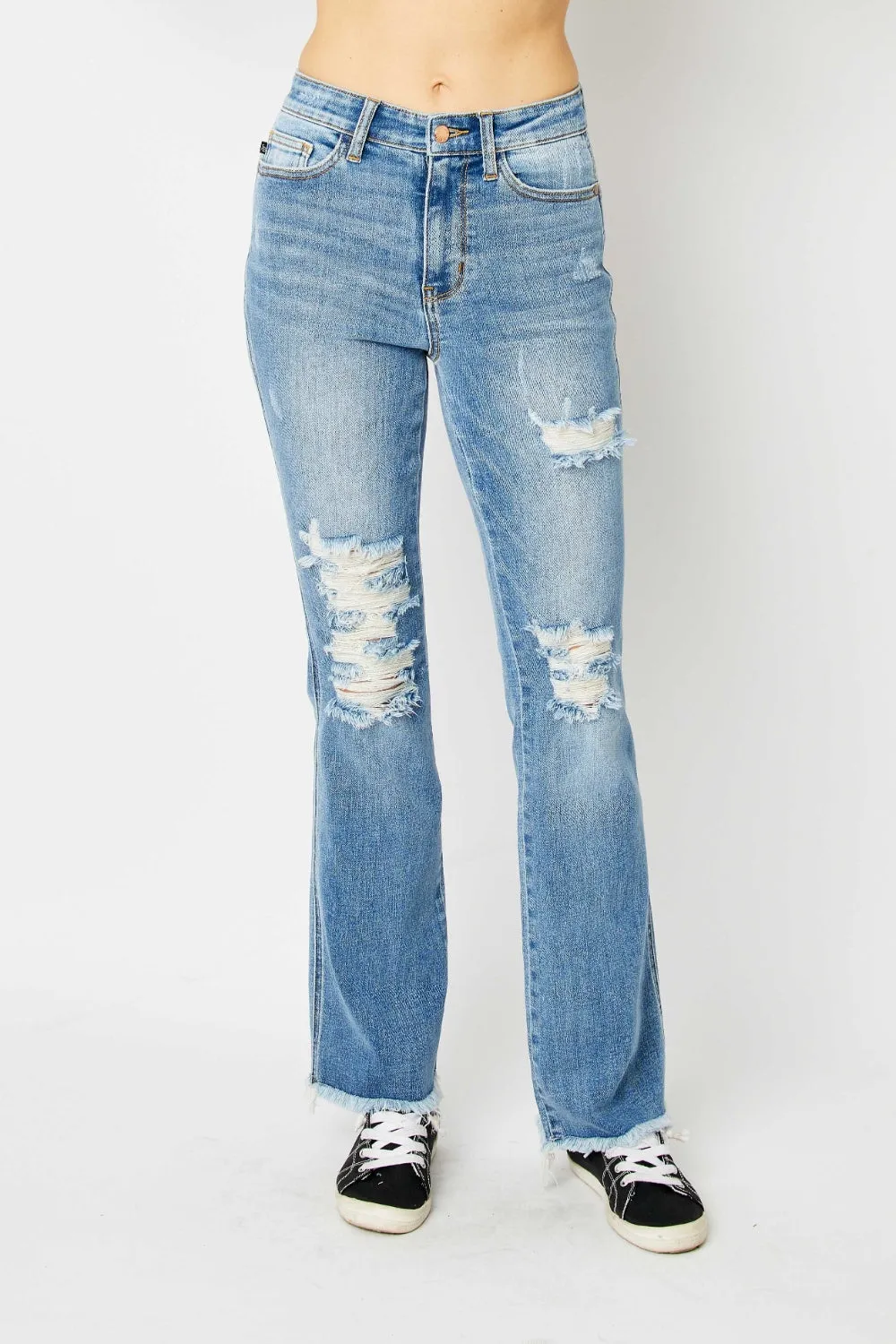 Judy Blue Distressed Raw Hem Blue Denim Bootcut Jeans
