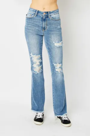 Judy Blue Distressed Raw Hem Blue Denim Bootcut Jeans