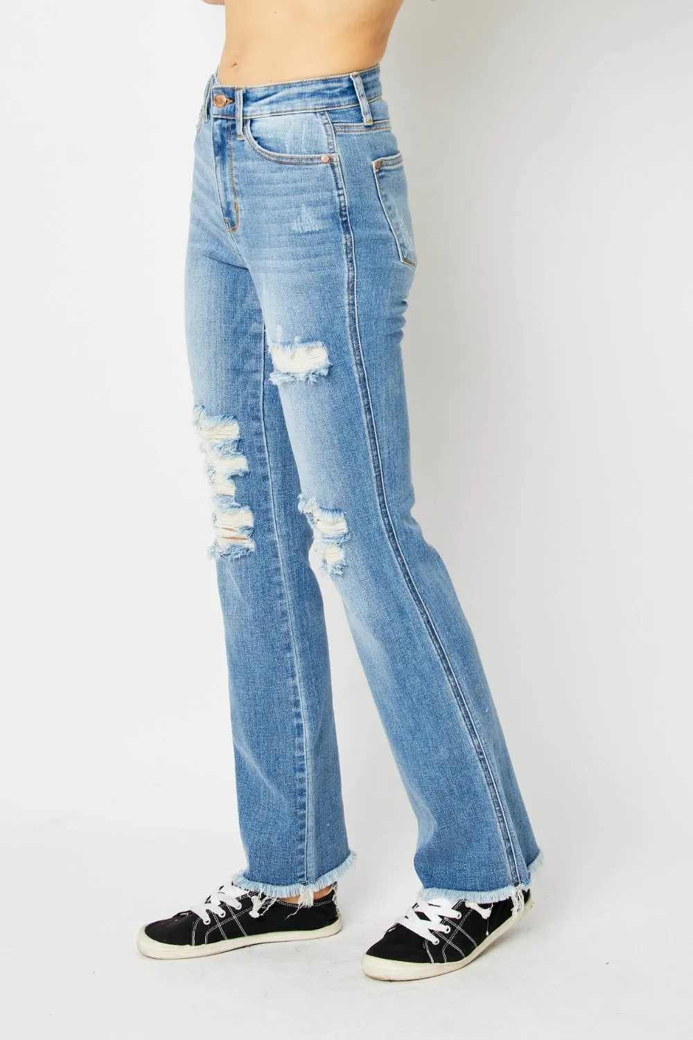 Judy Blue Distressed Raw Hem Blue Denim Bootcut Jeans