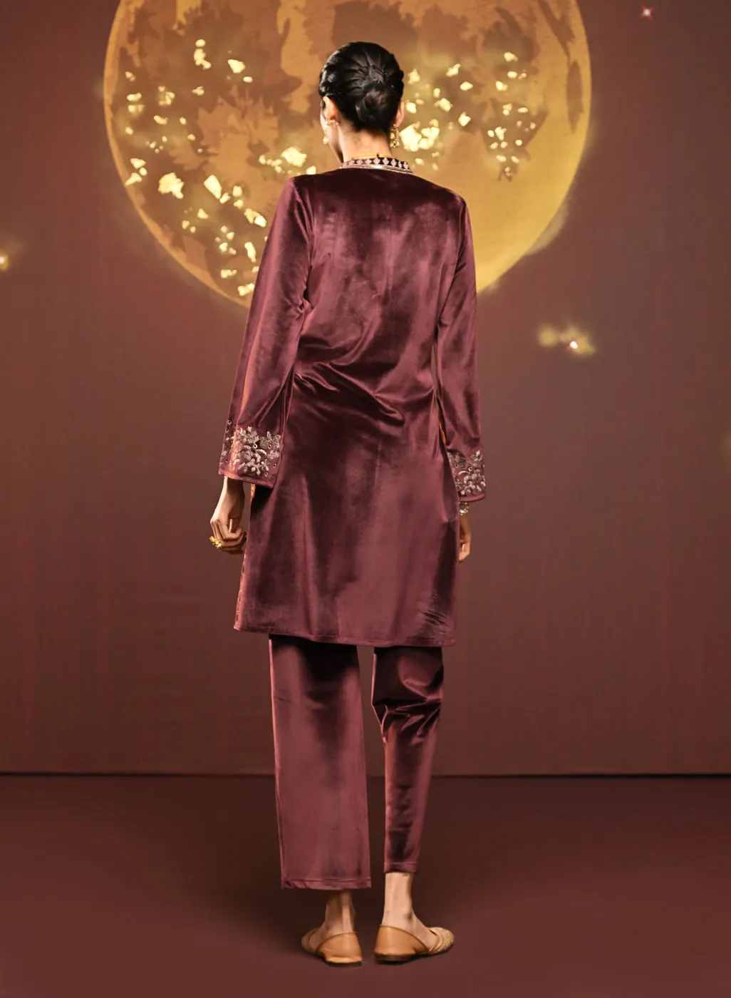 Mallika Pink Embroidered Velvet Co-ord Set for Women