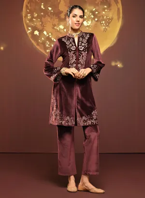 Mallika Pink Embroidered Velvet Co-ord Set for Women