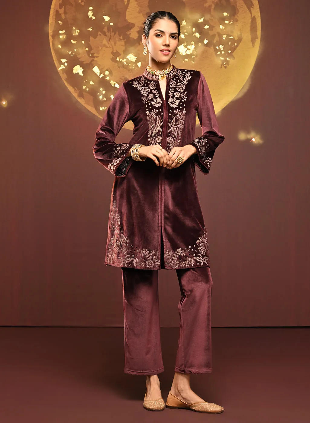 Mallika Pink Embroidered Velvet Co-ord Set for Women