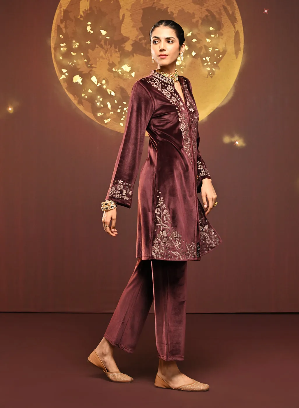 Mallika Pink Embroidered Velvet Co-ord Set for Women