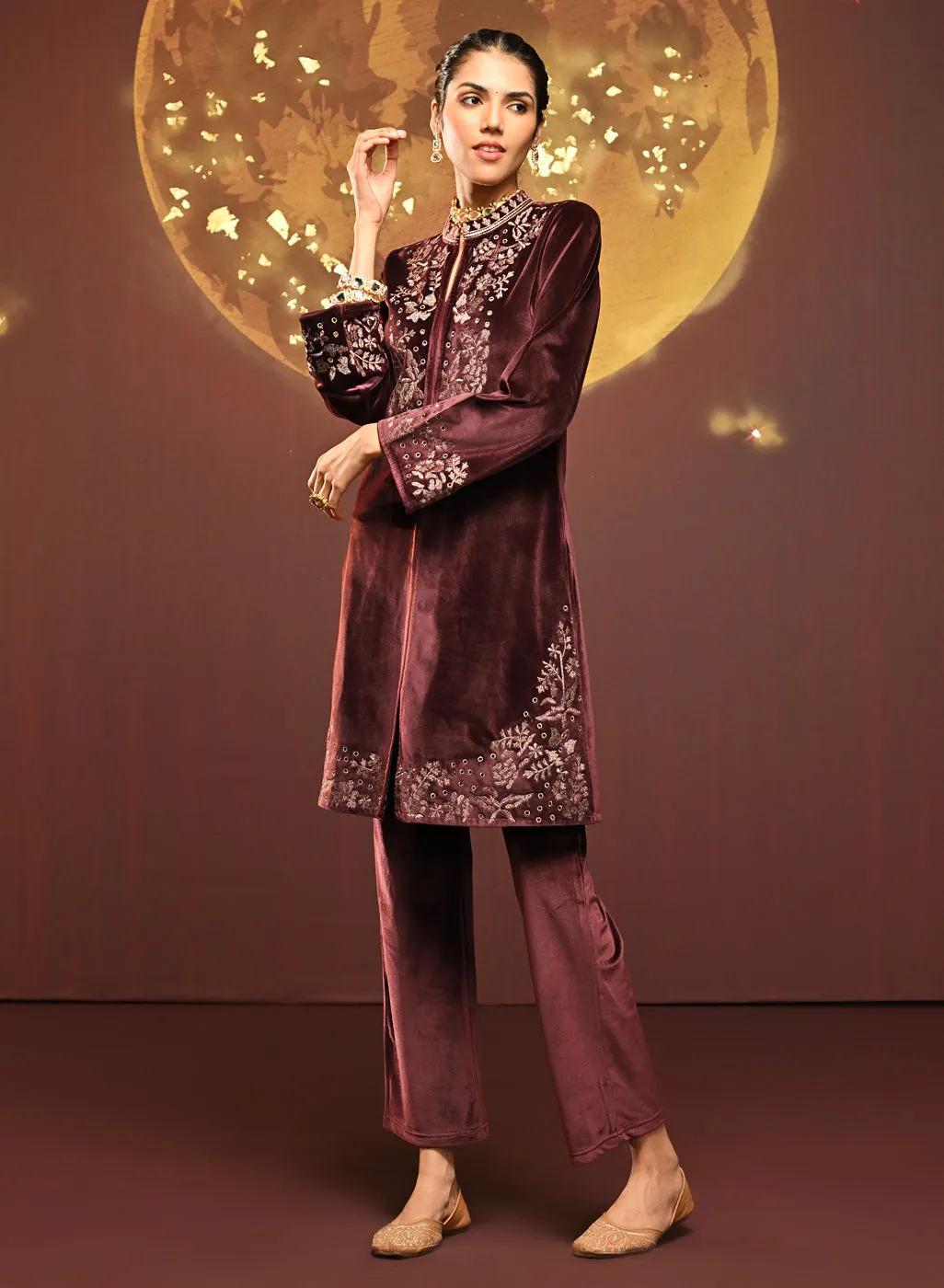 Mallika Pink Embroidered Velvet Co-ord Set for Women