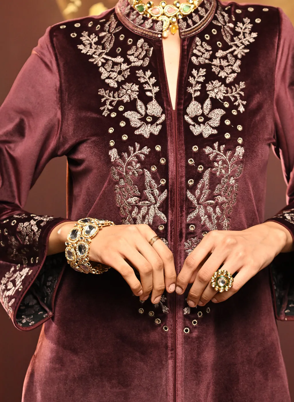 Mallika Pink Embroidered Velvet Co-ord Set for Women