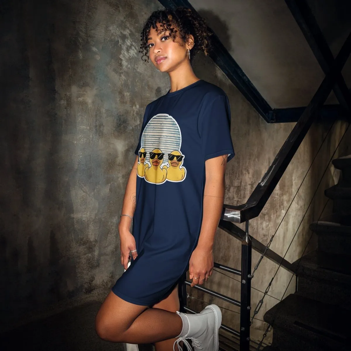 Navy Blue Retro Rubber Ducks in Sunglasses at Night Oversized T-shirt Dress 2XS-6XL