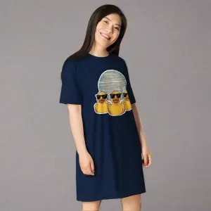 Navy Blue Retro Rubber Ducks in Sunglasses at Night Oversized T-shirt Dress 2XS-6XL