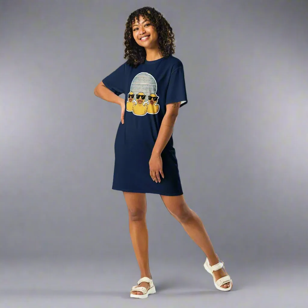 Navy Blue Retro Rubber Ducks in Sunglasses at Night Oversized T-shirt Dress 2XS-6XL