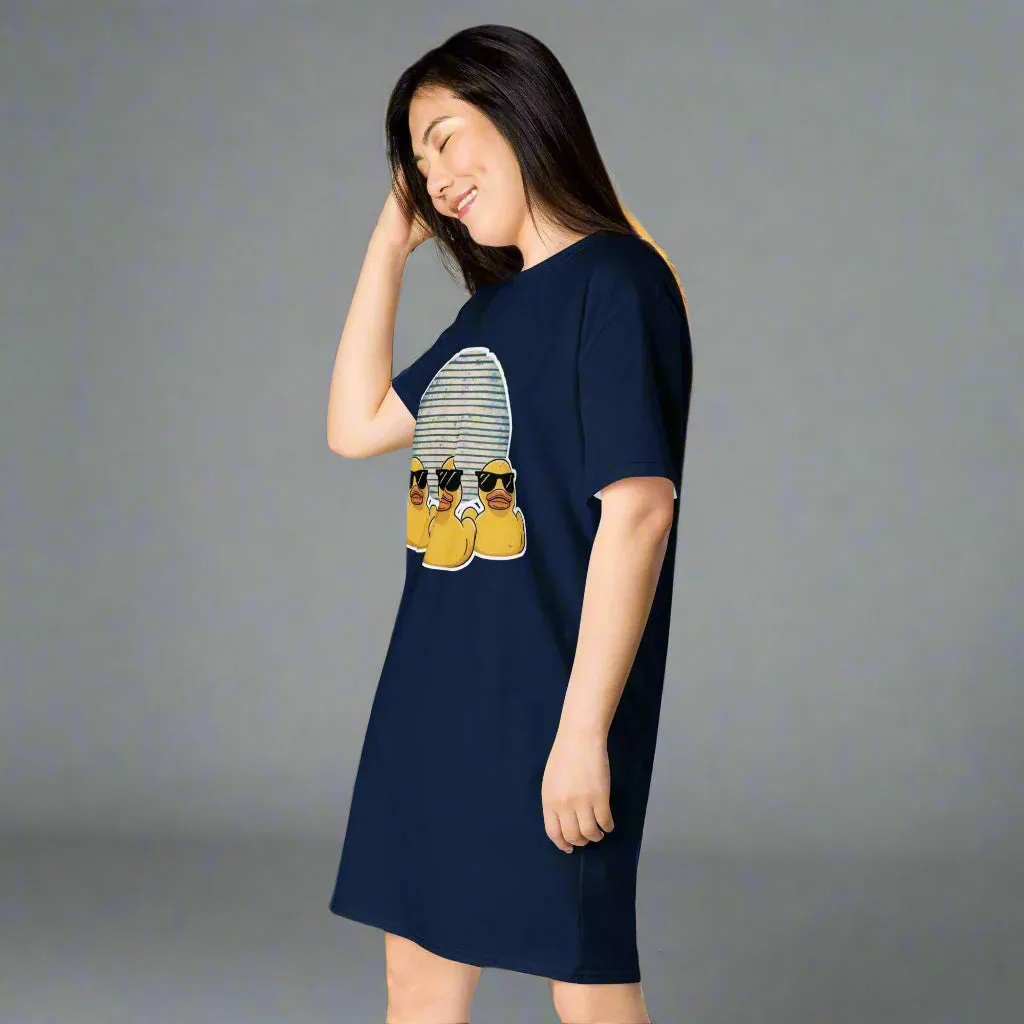 Navy Blue Retro Rubber Ducks in Sunglasses at Night Oversized T-shirt Dress 2XS-6XL