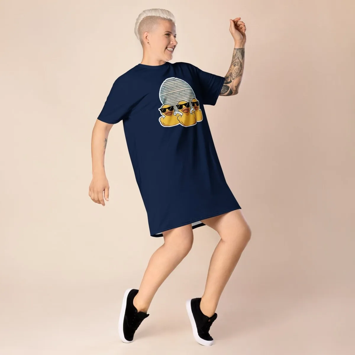 Navy Blue Retro Rubber Ducks in Sunglasses at Night Oversized T-shirt Dress 2XS-6XL