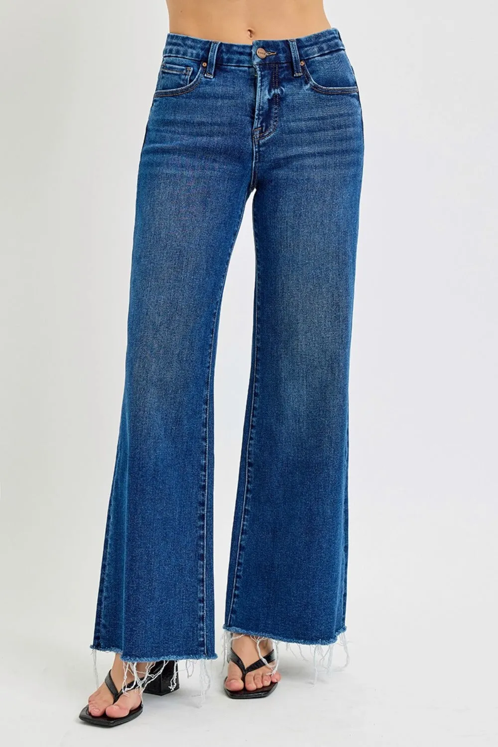 RISEN Tummy Control High Rise Raw Hem Wide Leg Jeans