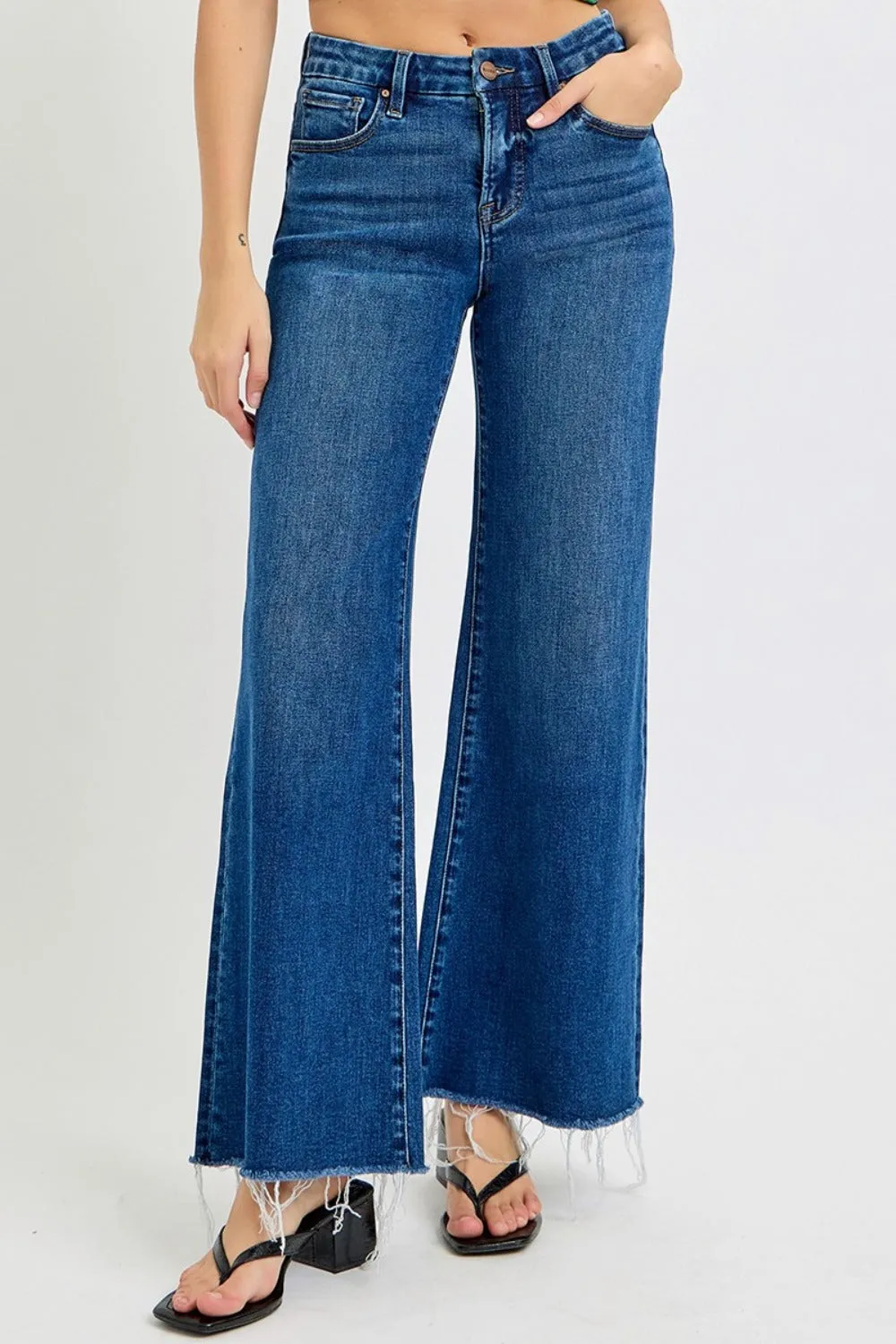RISEN Tummy Control High Rise Raw Hem Wide Leg Jeans