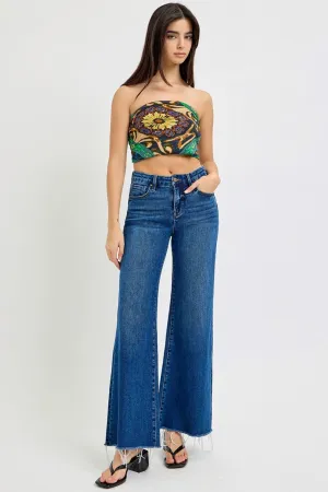 RISEN Tummy Control High Rise Raw Hem Wide Leg Jeans