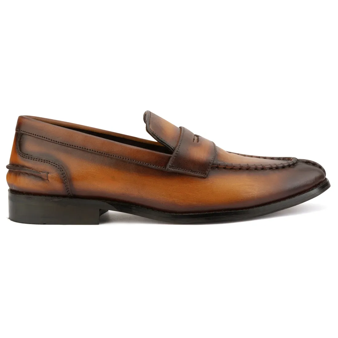 TAN PATINA APRON TOE PENNY LOAFERS