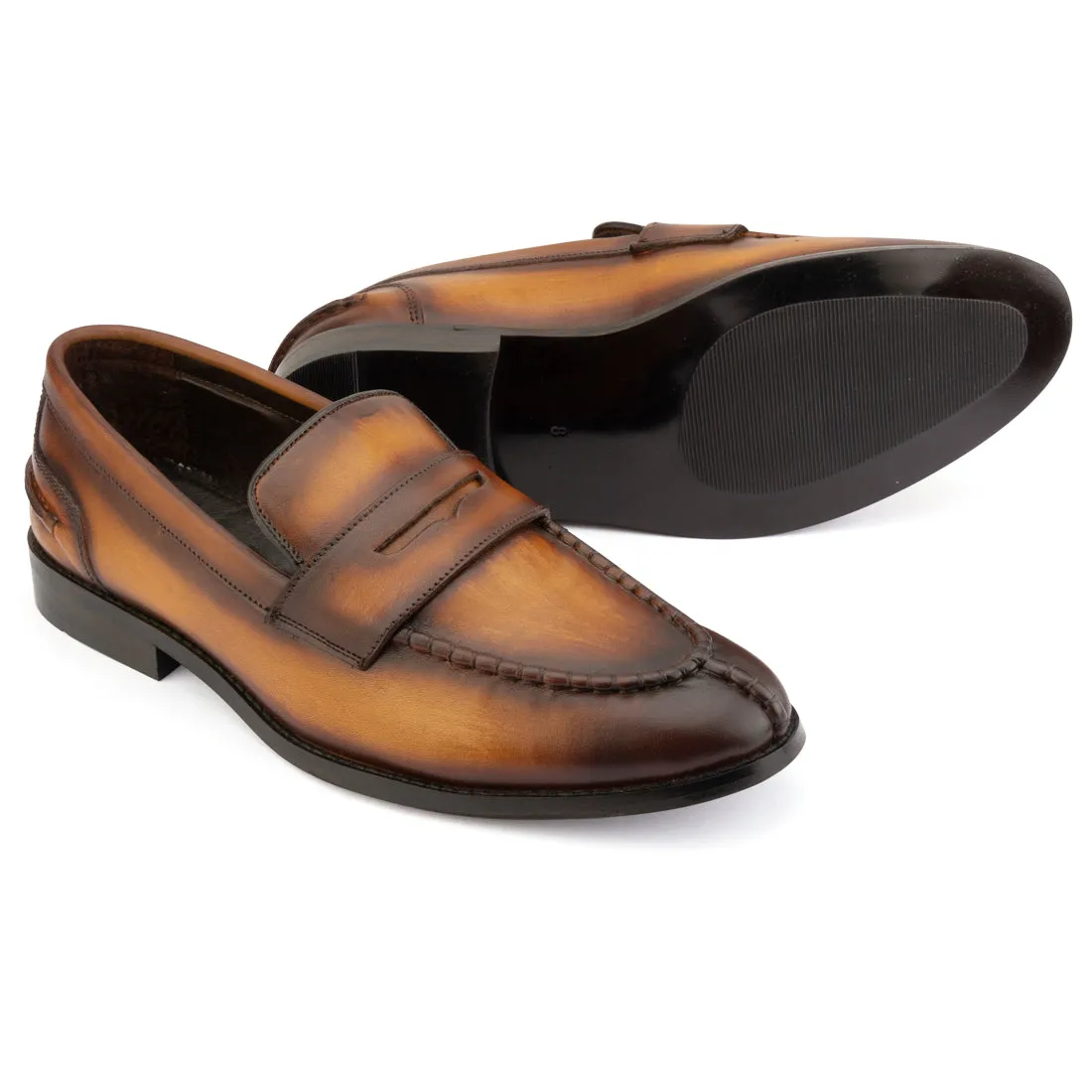 TAN PATINA APRON TOE PENNY LOAFERS