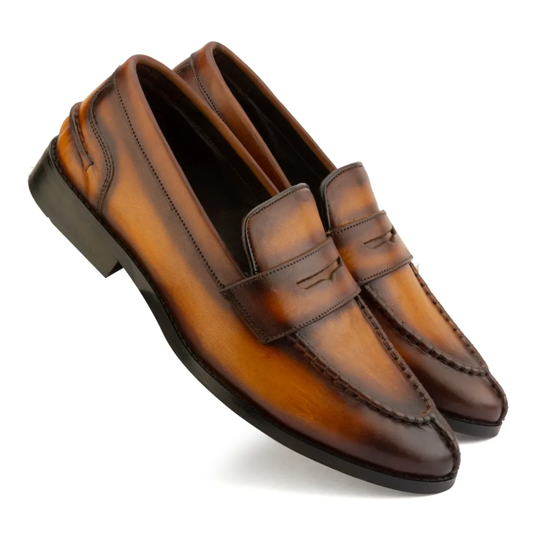 TAN PATINA APRON TOE PENNY LOAFERS