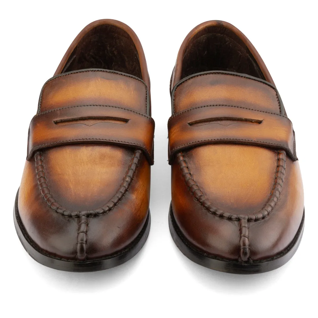 TAN PATINA APRON TOE PENNY LOAFERS