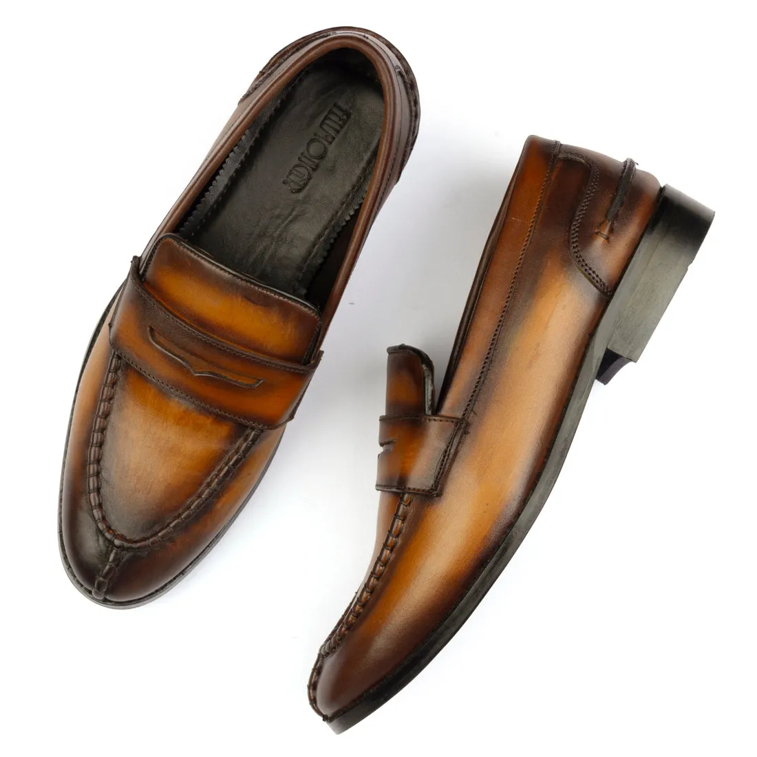 TAN PATINA APRON TOE PENNY LOAFERS