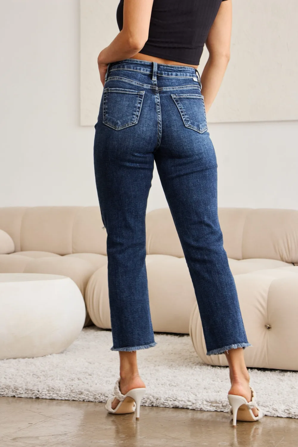 WomenRFM Crop Dylan Full Size Tummy Control Distressed High Waist Raw Hem Jeans