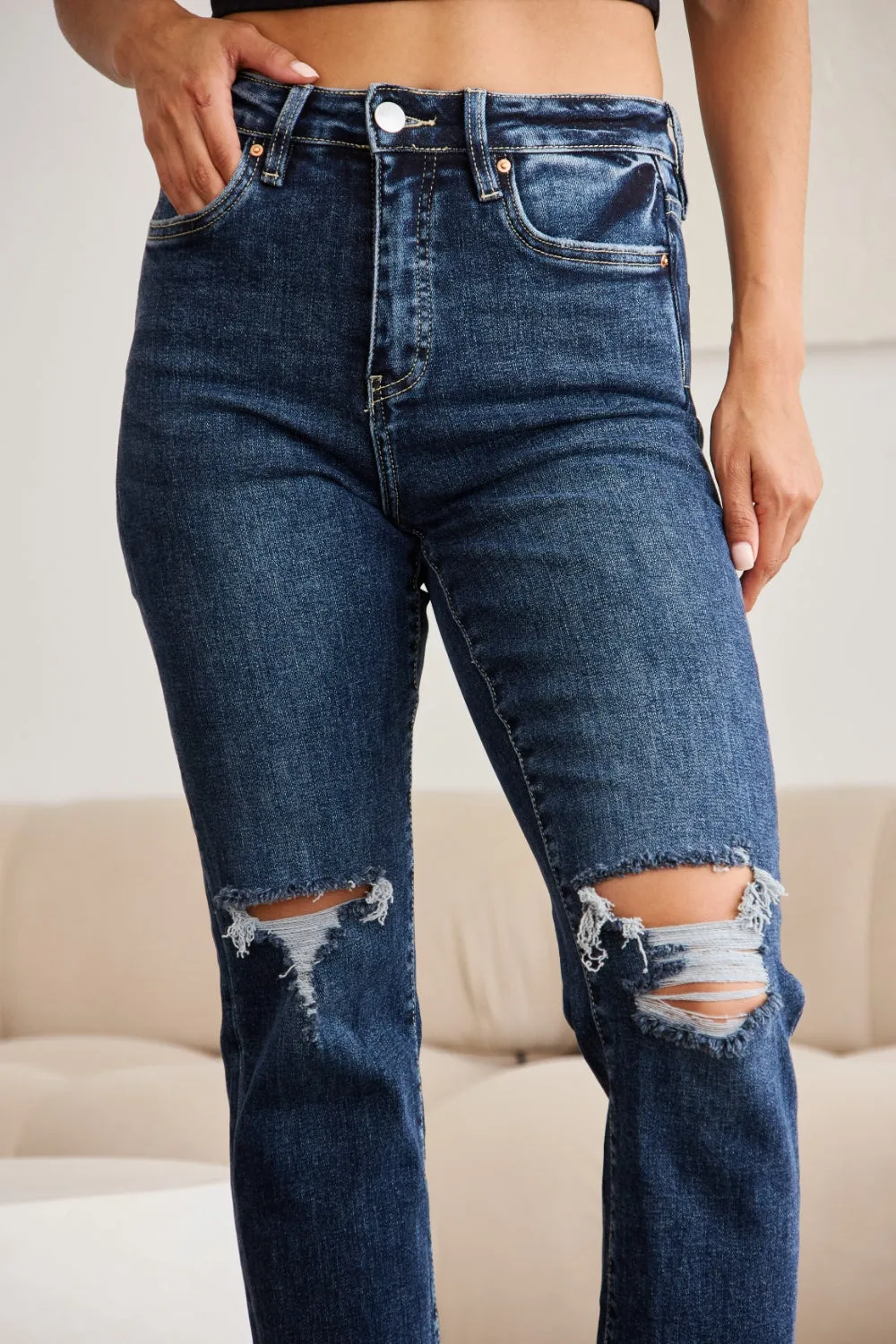 WomenRFM Crop Dylan Full Size Tummy Control Distressed High Waist Raw Hem Jeans