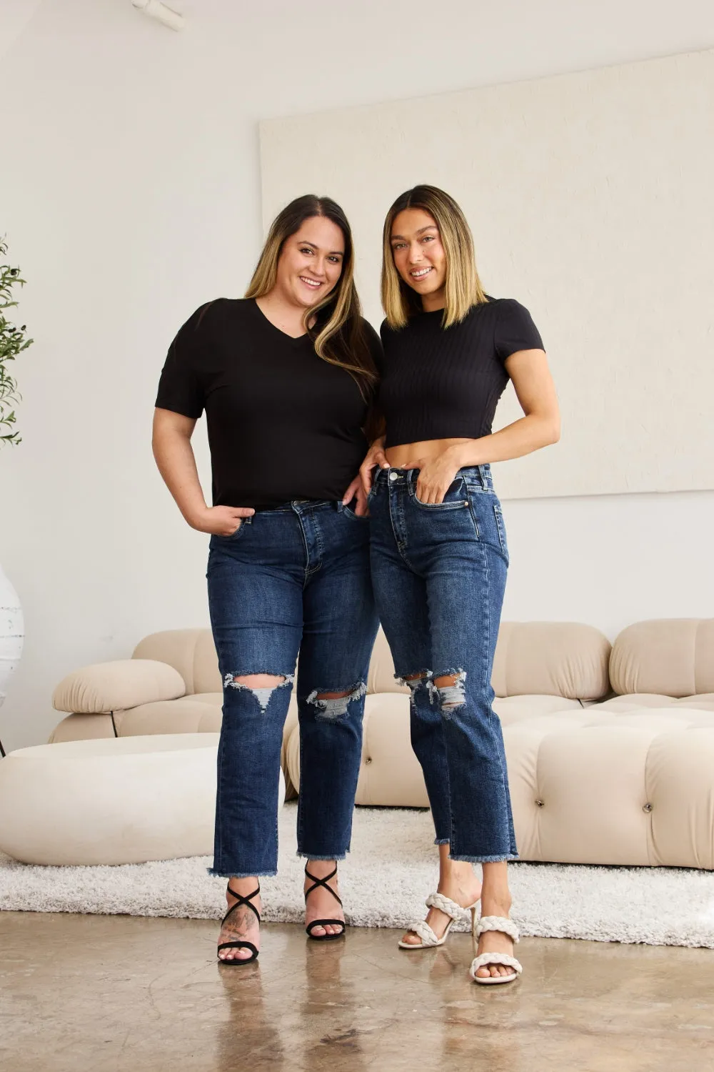 WomenRFM Crop Dylan Full Size Tummy Control Distressed High Waist Raw Hem Jeans