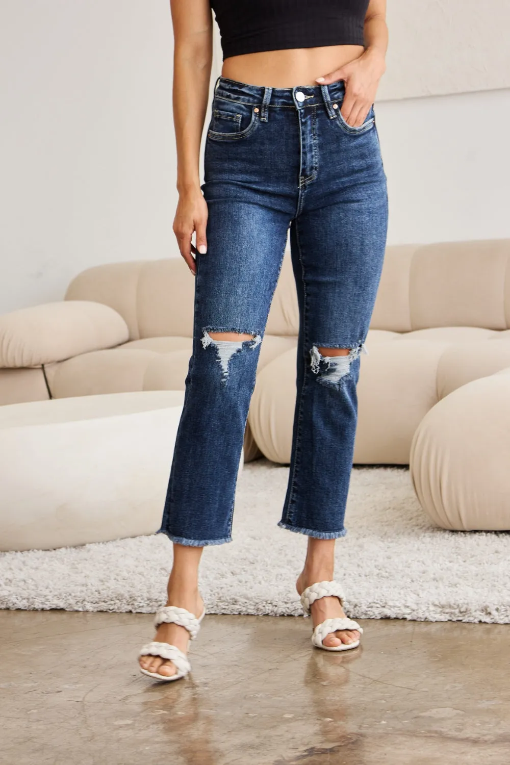 WomenRFM Crop Dylan Full Size Tummy Control Distressed High Waist Raw Hem Jeans