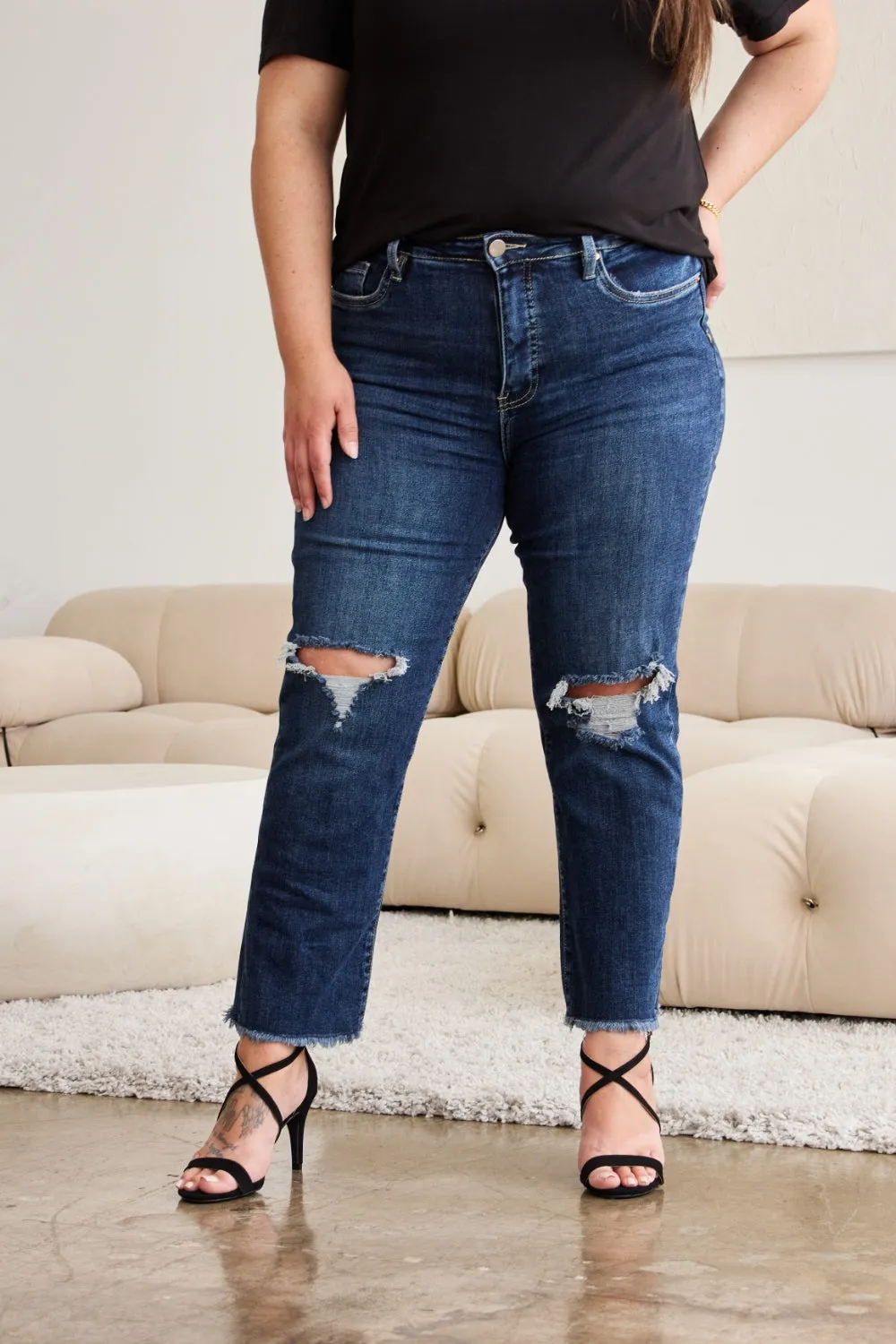 WomenRFM Crop Dylan Full Size Tummy Control Distressed High Waist Raw Hem Jeans