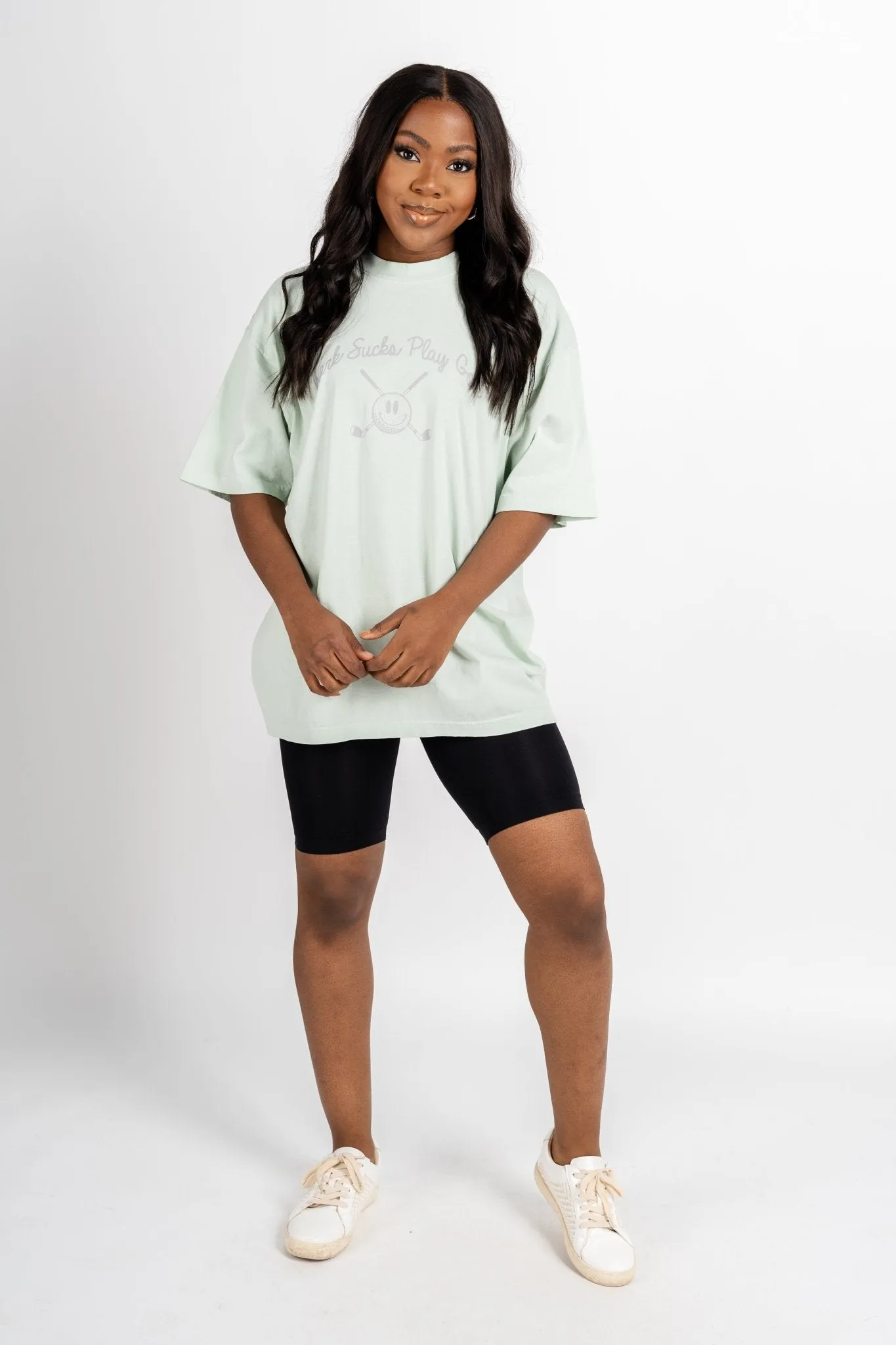 Work sucks play golf oversized graphic tee sage